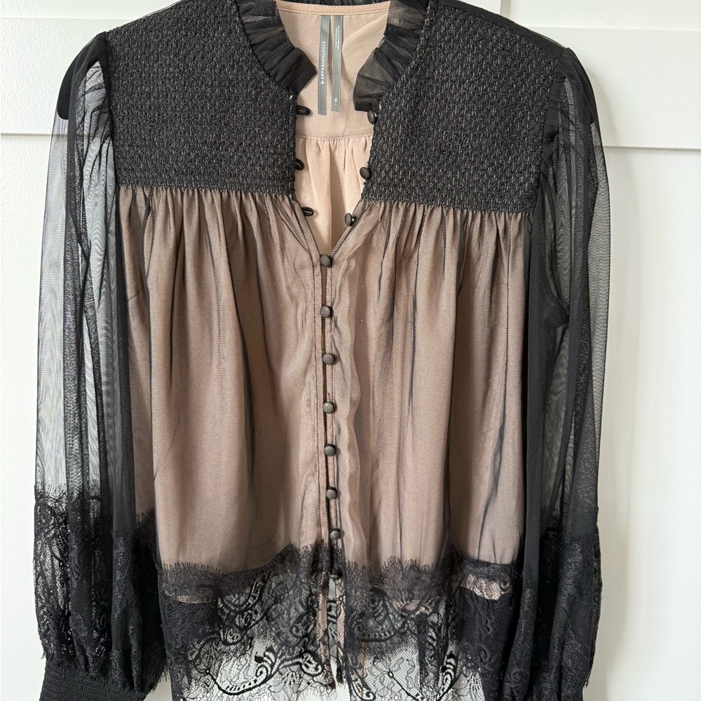Anthropologie Layered Tulle Puff-Sleeve Lace Blouse - Picture 2 of 6